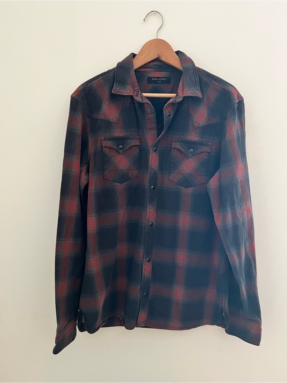 All Saints Red and Black Plaid Western Button-Down Shirt